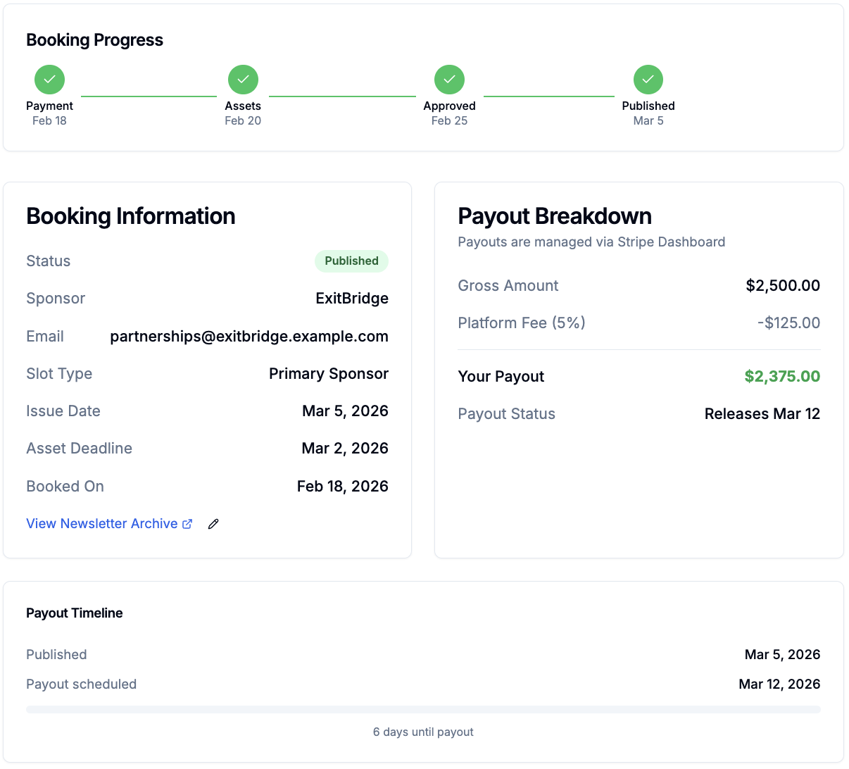 Booking detail showing Published status, $2,500 gross, $125 platform fee, $2,375 payout, and a Payout Timeline card scheduled for Mar 12, 2026
